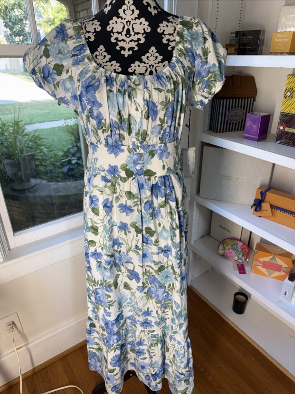NWT Laura Ashley Floral Maxi Dress Lavender Blue White Size Large Pockets